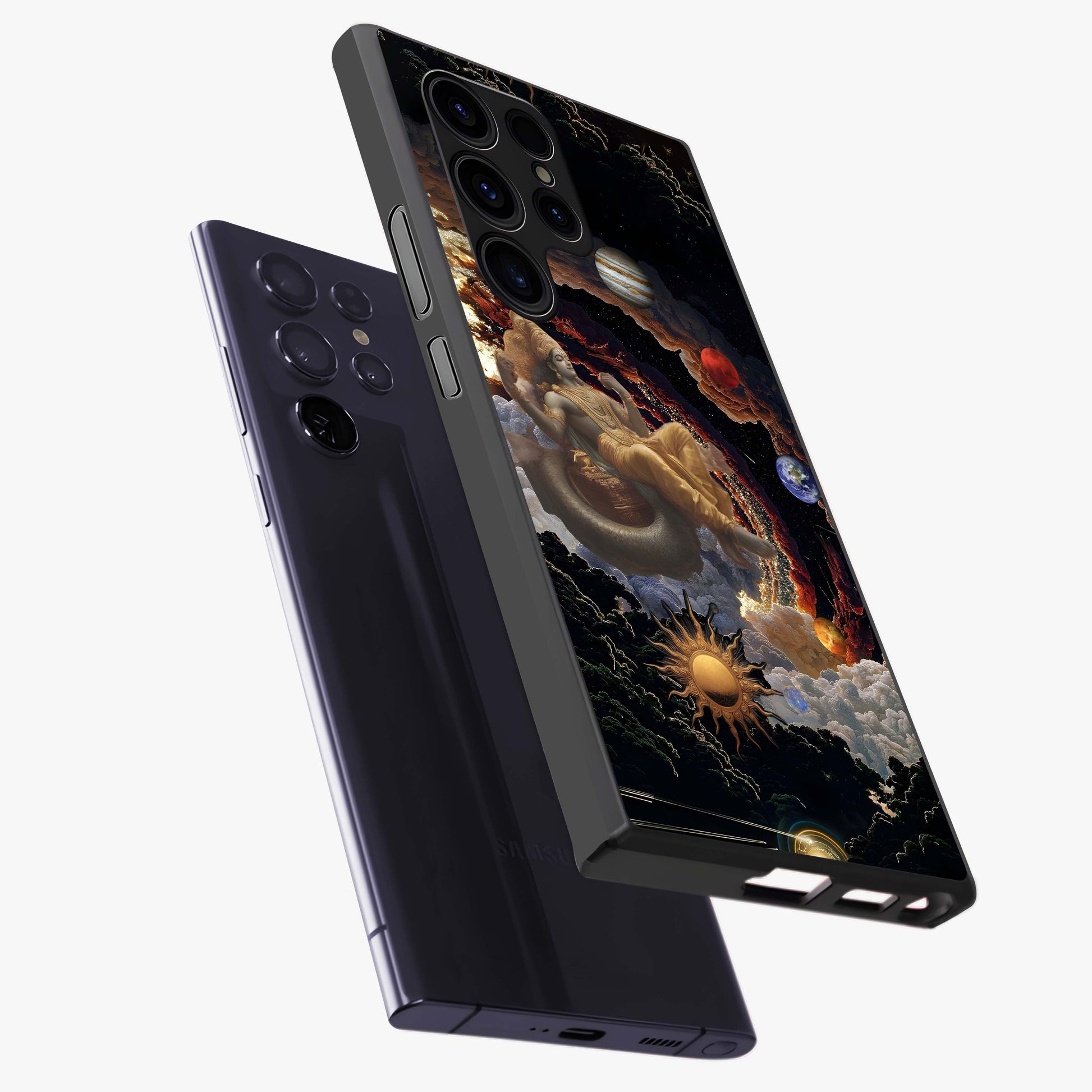 Galactic Divine God Glass Case displayed in angled mockup highlighting powerful celestial deity illustration with galactic aesthetic.