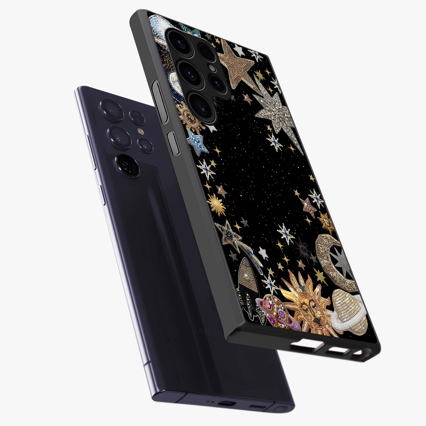 Galactic Jewel Stars Glass Case displayed in angled mockup highlighting shining celestial star design with cosmic aesthetic style.