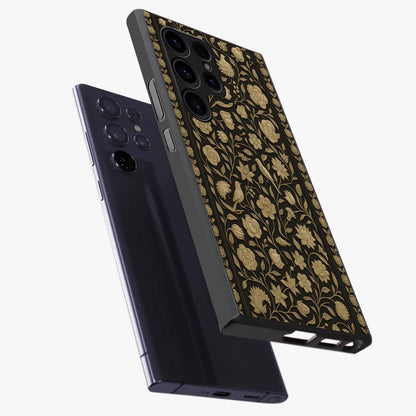 Golden Evil Eye Mandala Glass Case displayed in angled mockup highlighting protective evil eye symbol with golden mandala design.