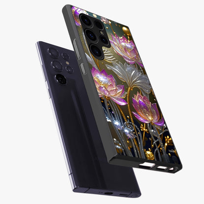 Golden Floral Majesty Glass Case displayed in angled mockup highlighting elegant flower design with royal golden aesthetic.
