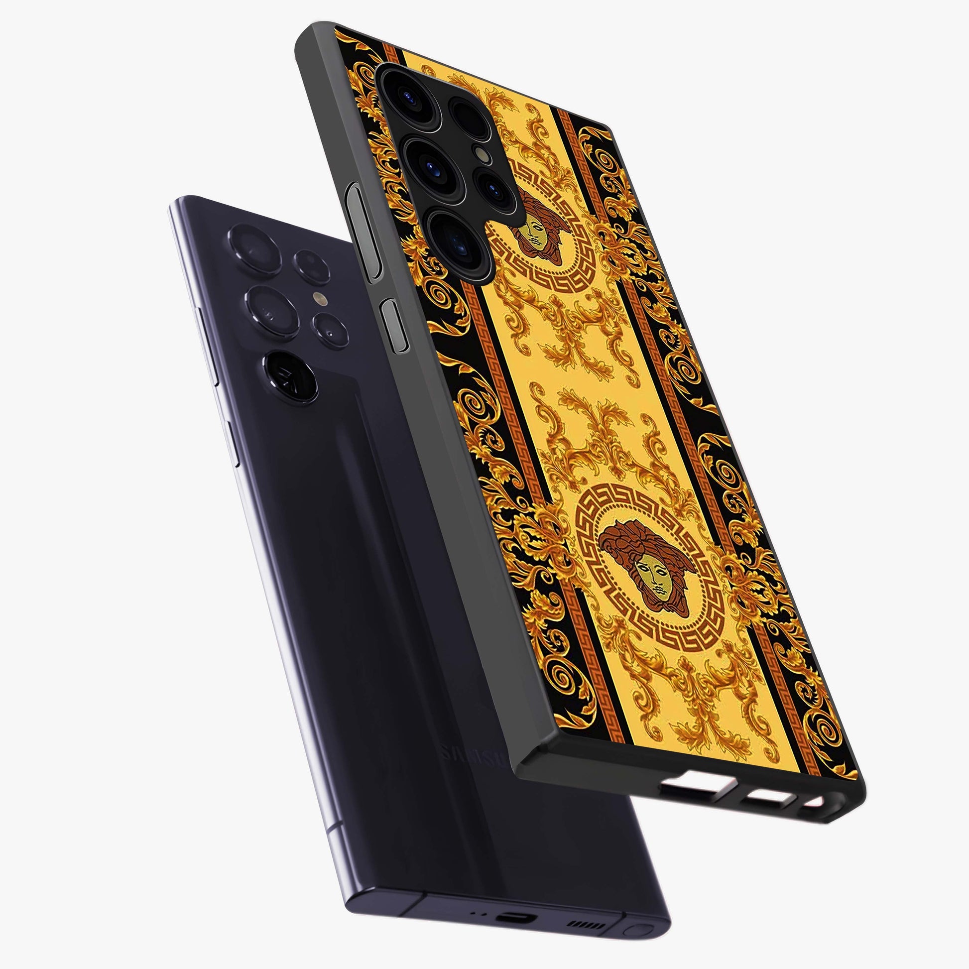 Golden Lotus Glow Glass Case displayed in angled mockup highlighting radiant lotus illustration with spiritual aesthetic.