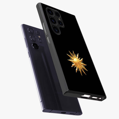 Golden Sun Minimalism Glass Case displayed in angled mockup highlighting eerie shadow illustration with gothic aesthetic.