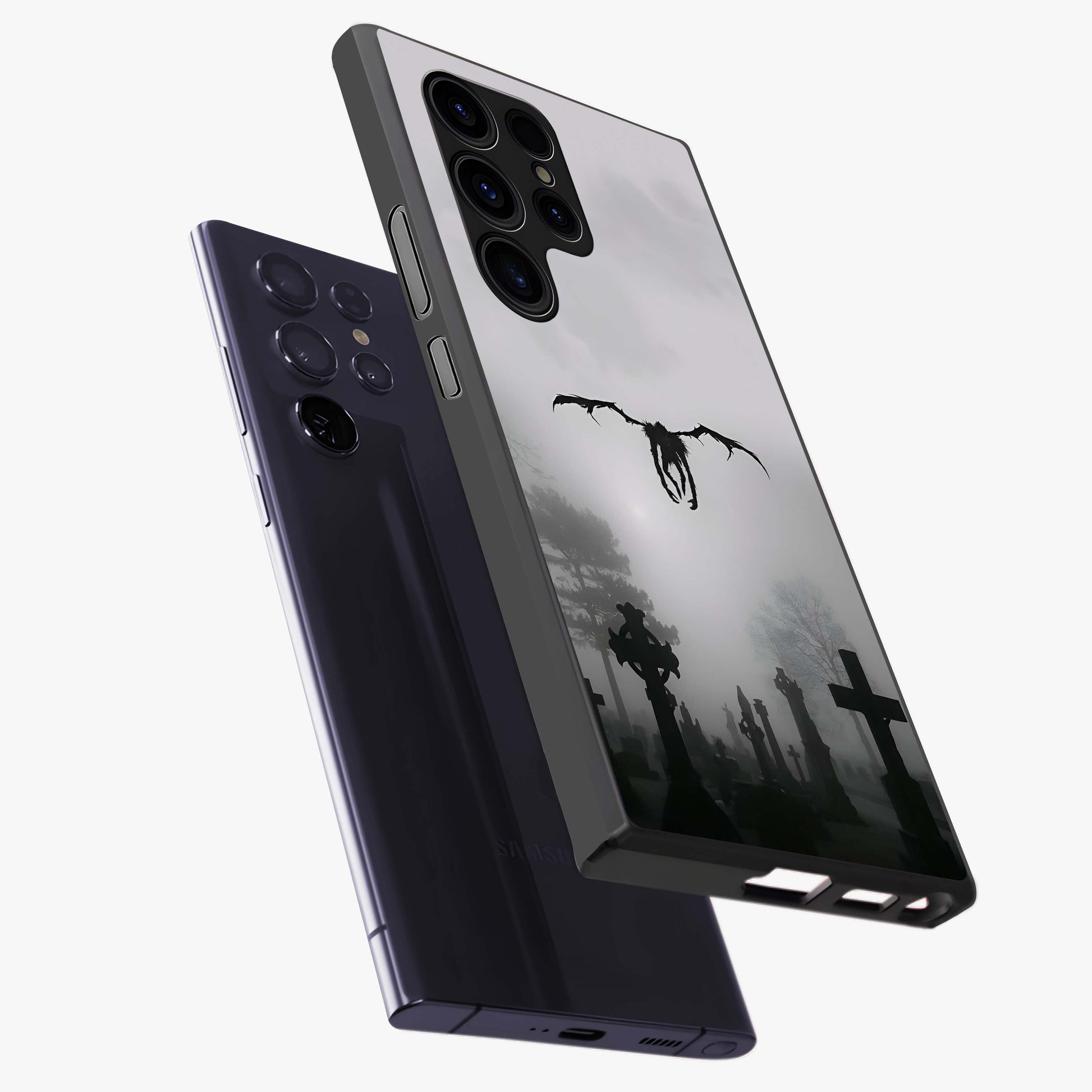 Graveyard Shadow Descent Glass Case displayed in angled mockup highlighting eerie shadow illustration with gothic aesthetic.