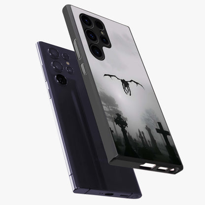 Graveyard Shadow Descent Glass Case displayed in angled mockup highlighting eerie shadow illustration with gothic aesthetic.