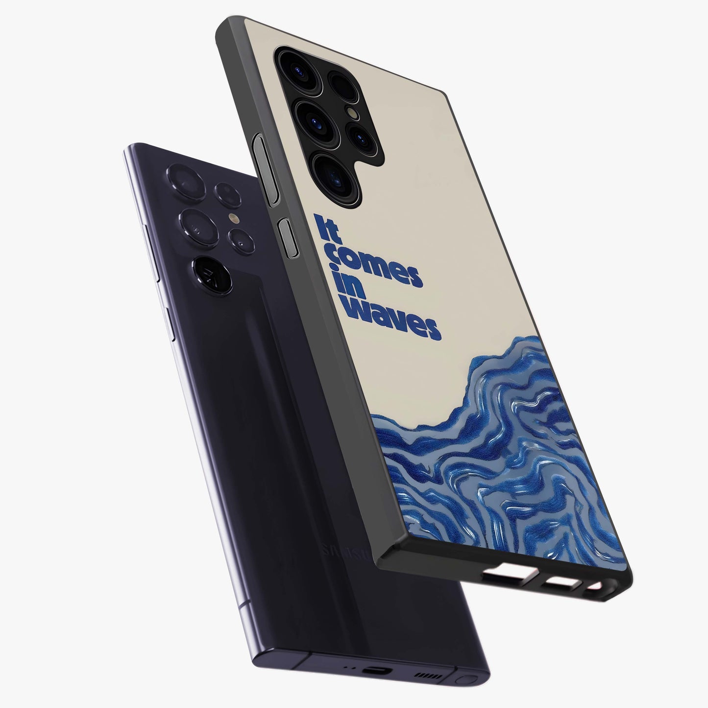 It Comes In Waves Quote Glass Case displayed in angled mockup highlighting ocean wave typography design with aesthetic style.
