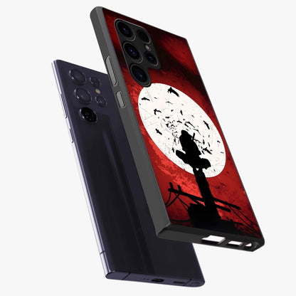 Itachi Limited Edition Naruto Anime Glass Case displayed in angled mockup highlighting dramatic anime illustration with bold action aesthetic.