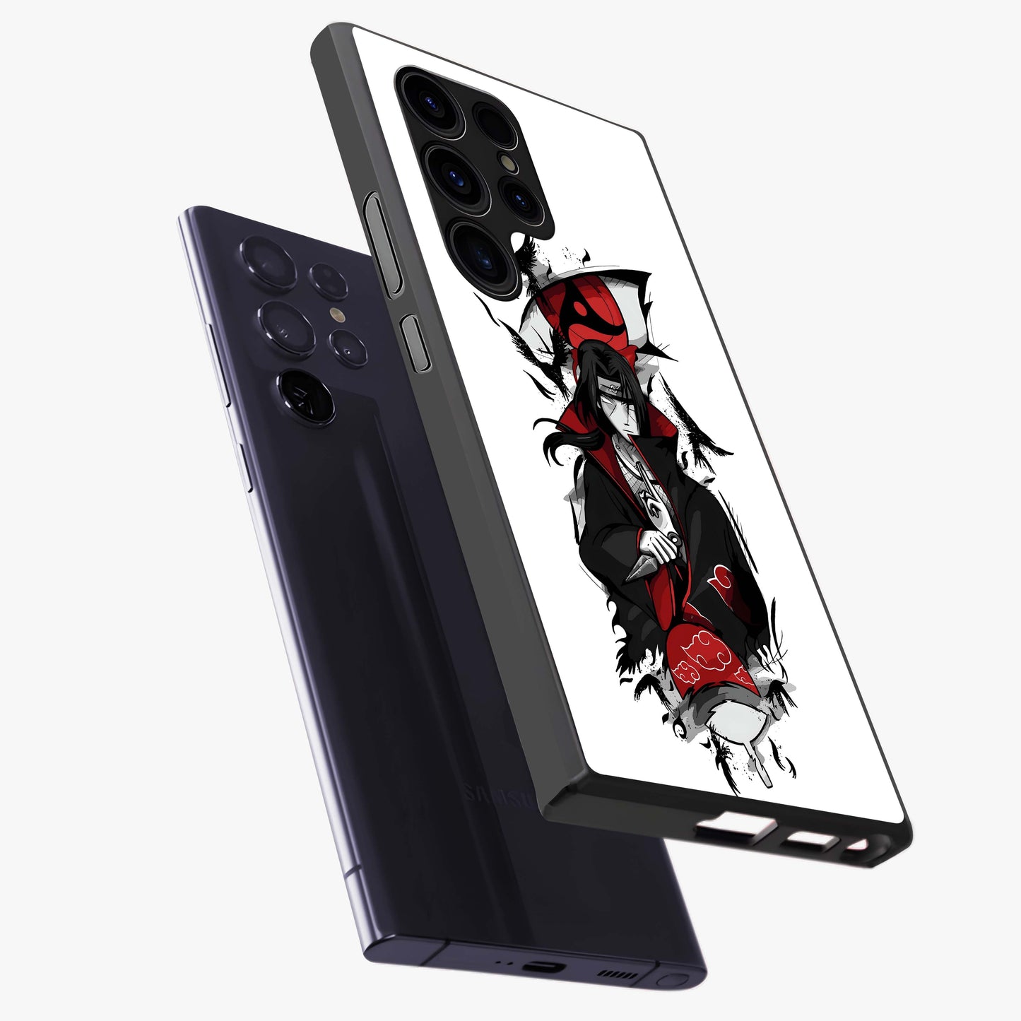 Itachi Sharingan Glass Case displayed in angled mockup highlighting striking sharingan eye design with dramatic anime aesthetic.