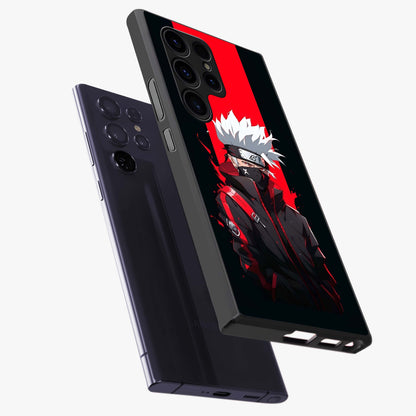 Kakashi Scarlet Shadow Glass Case displayed in angled mockup highlighting dramatic ninja illustration with scarlet themed aesthetic.