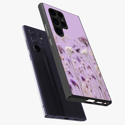 Lavender Blossom Dream Glass Case displayed in angled mockup highlighting dreamy lavender flower design with calming aesthetic style.