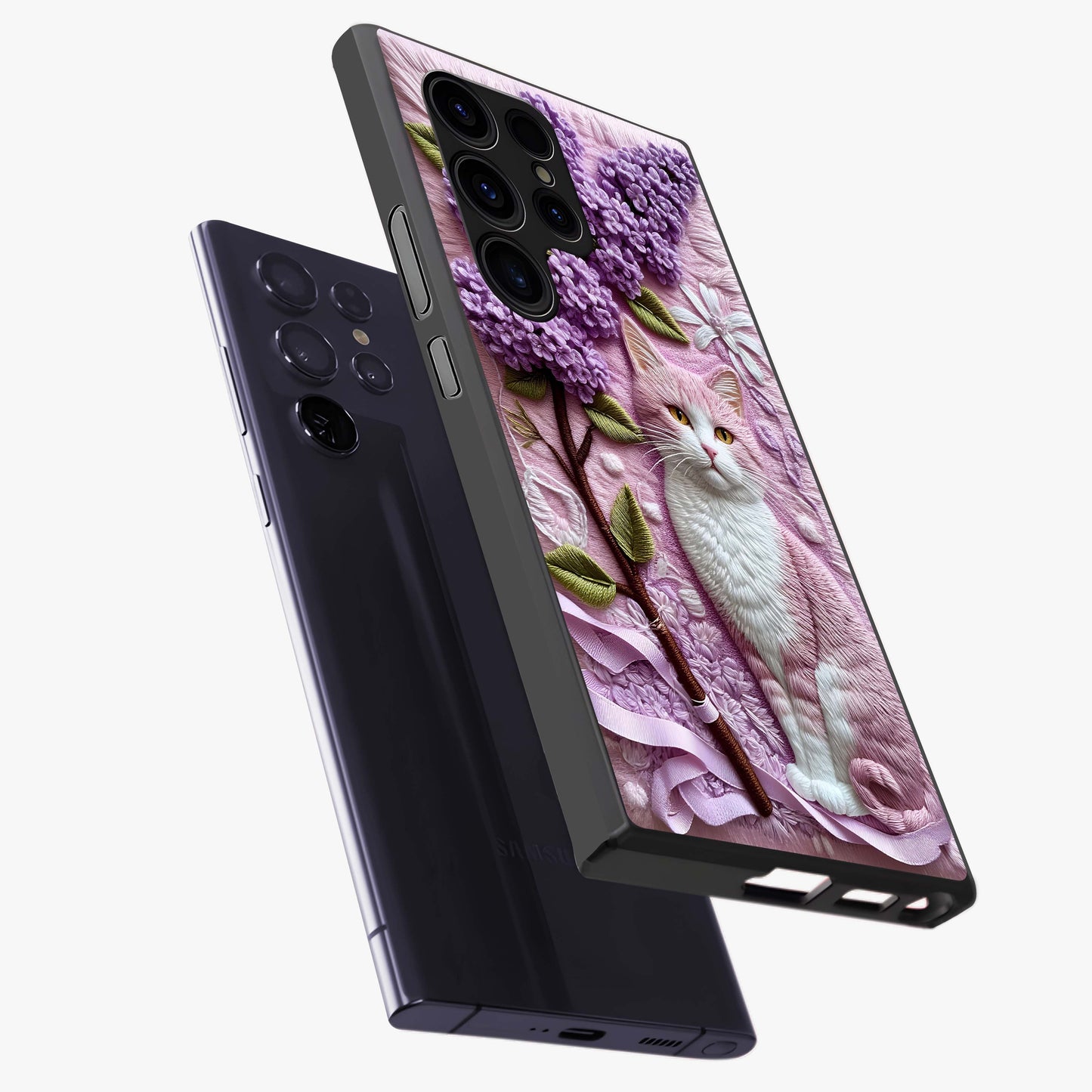 Lavender Cat Whimsy Glass Case displayed in angled mockup highlighting playful feline illustration with pastel lavender aesthetic.