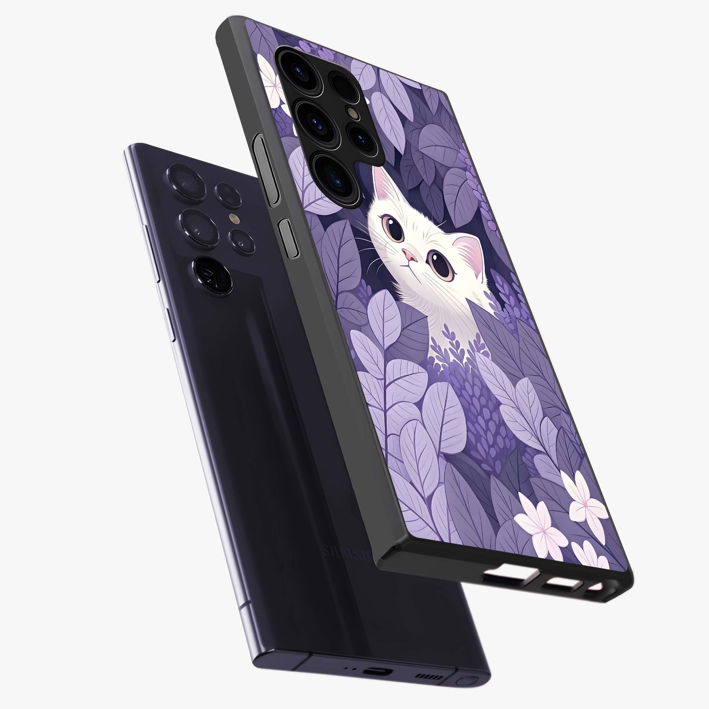 Lilac Hide Peek Cat Glass Case displayed in angled mockup highlighting playful feline illustration with lilac aesthetic design.