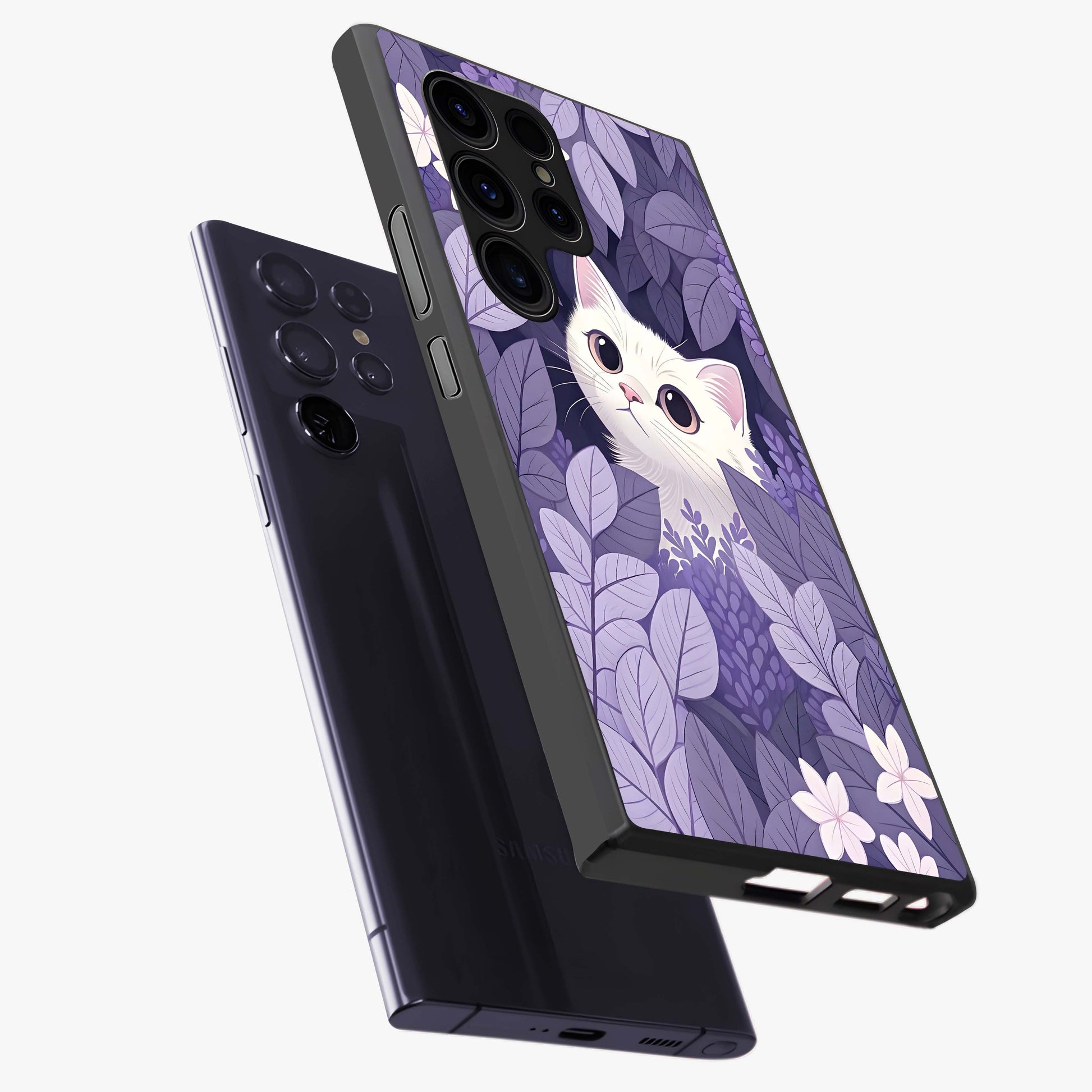 Lilac Hide Peek Cat Glass Case displayed in angled mockup highlighting playful feline illustration with lilac aesthetic design.