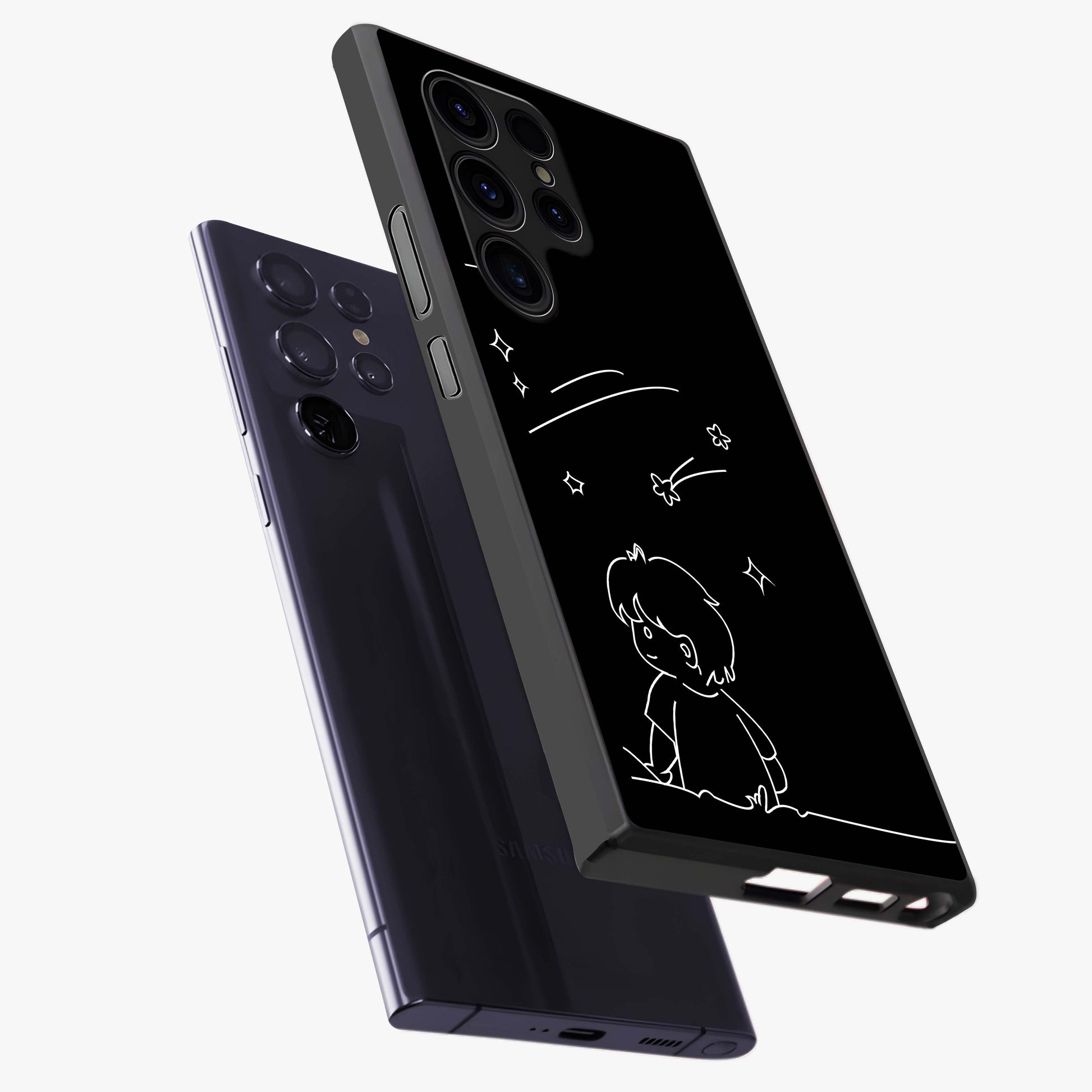 Line Art Boy With Shooting Stars Glass Case displayed in angled mockup highlighting elegant line art design with dreamy star aesthetic.