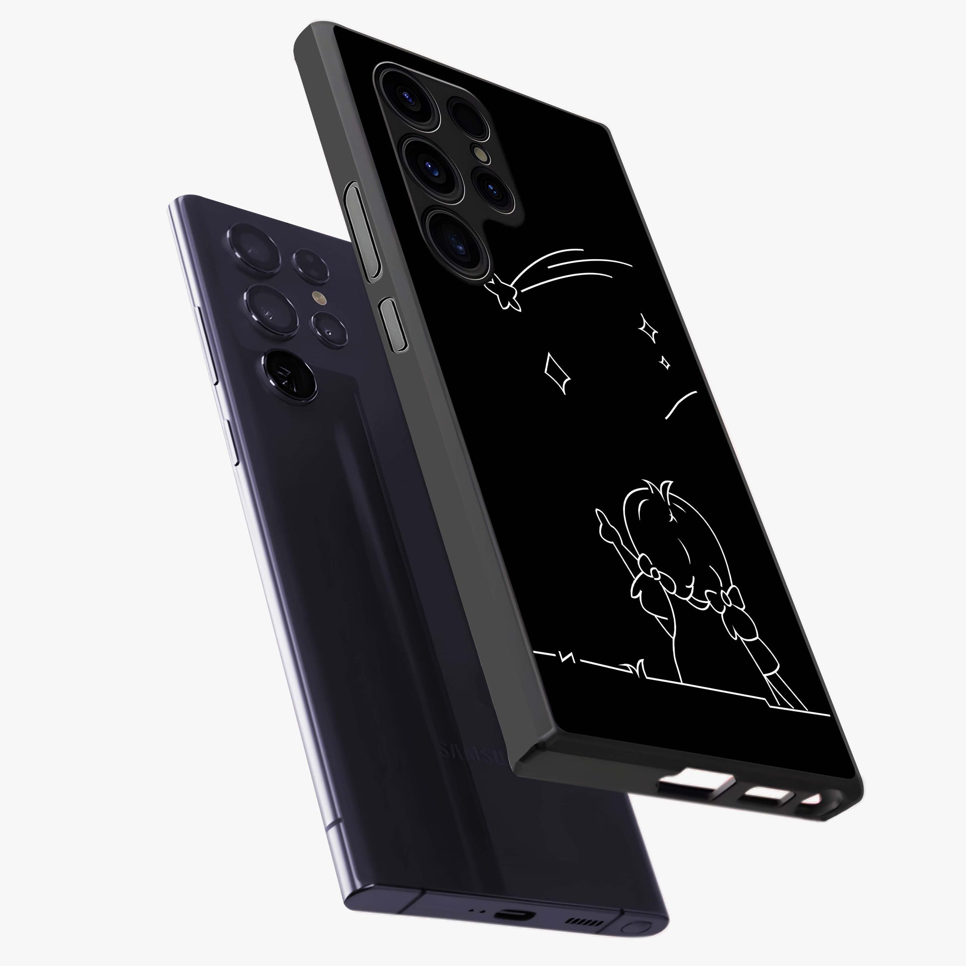 Line Art Girl With Shooting Stars Glass Case displayed in angled mockup highlighting elegant line art design with dreamy star aesthetic.