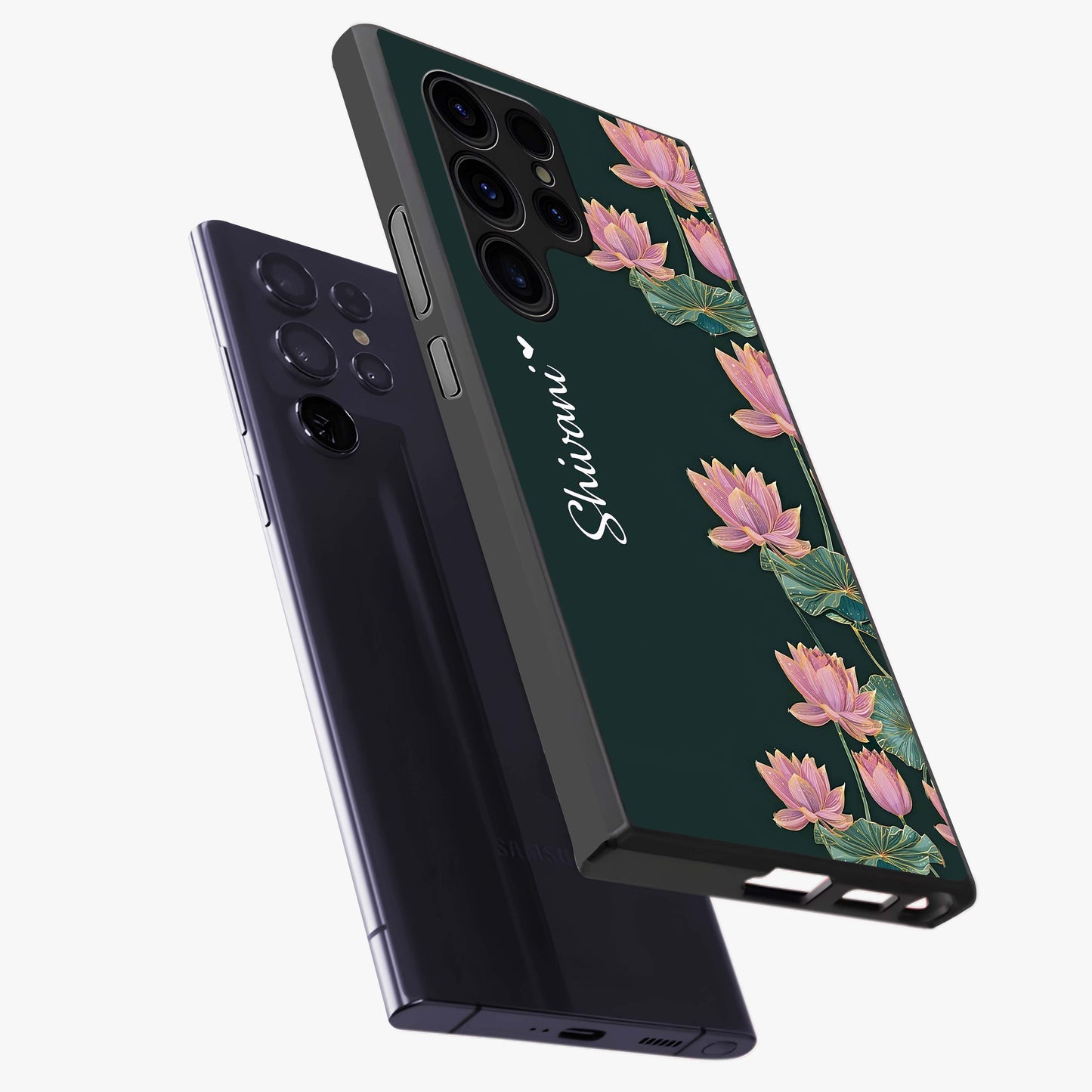 Lotus Bloom Serenity Custom Name Glass Case displayed in angled mockup highlighting graceful lotus illustration with custom name feature.