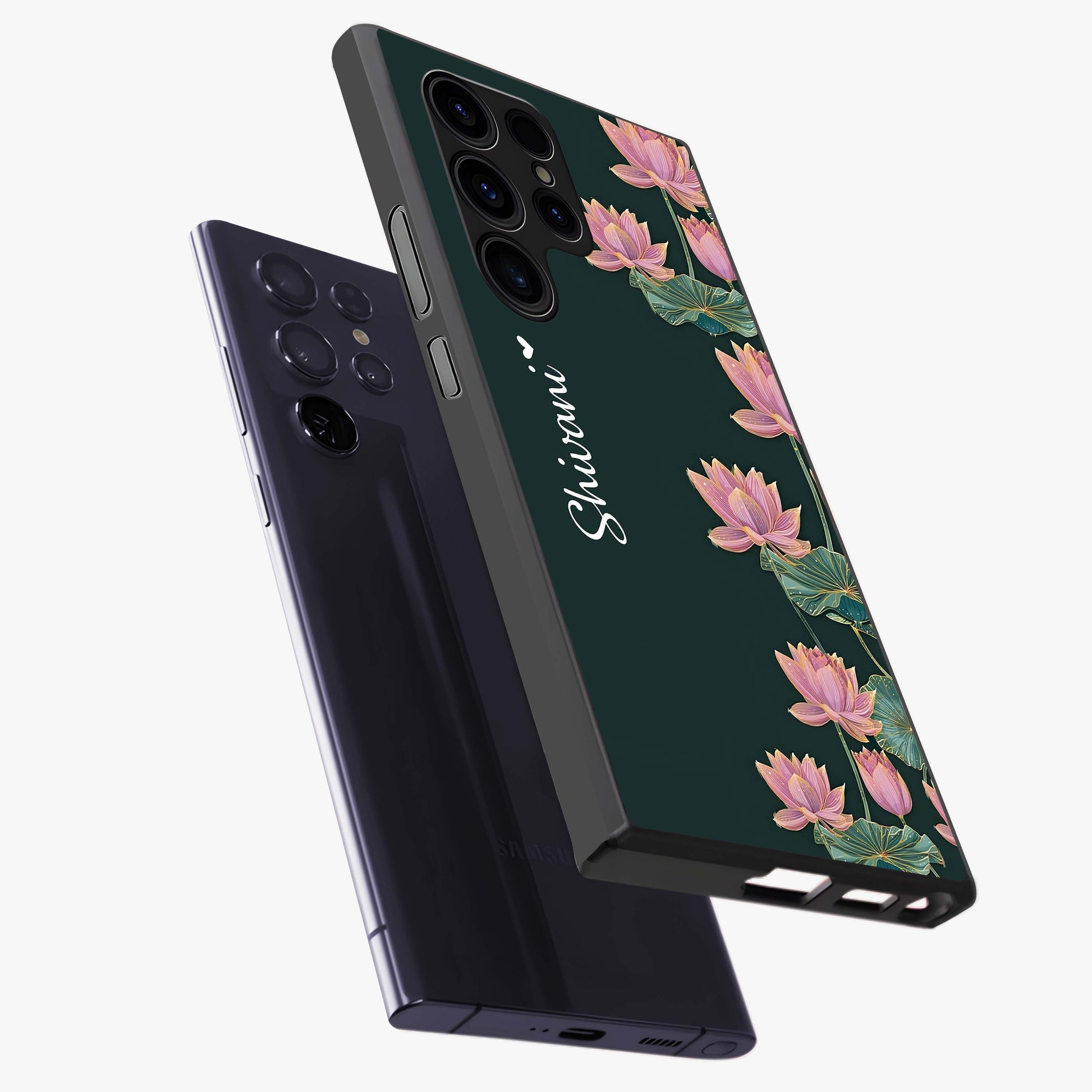 Lotus Bloom Serenity Custom Name Glass Case displayed in angled mockup highlighting graceful lotus illustration with custom name feature.