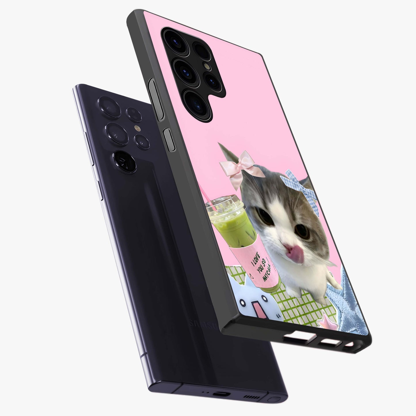 Love Matcha Cat Glass Case displayed in angled mockup highlighting playful feline illustration with cozy matcha aesthetic.