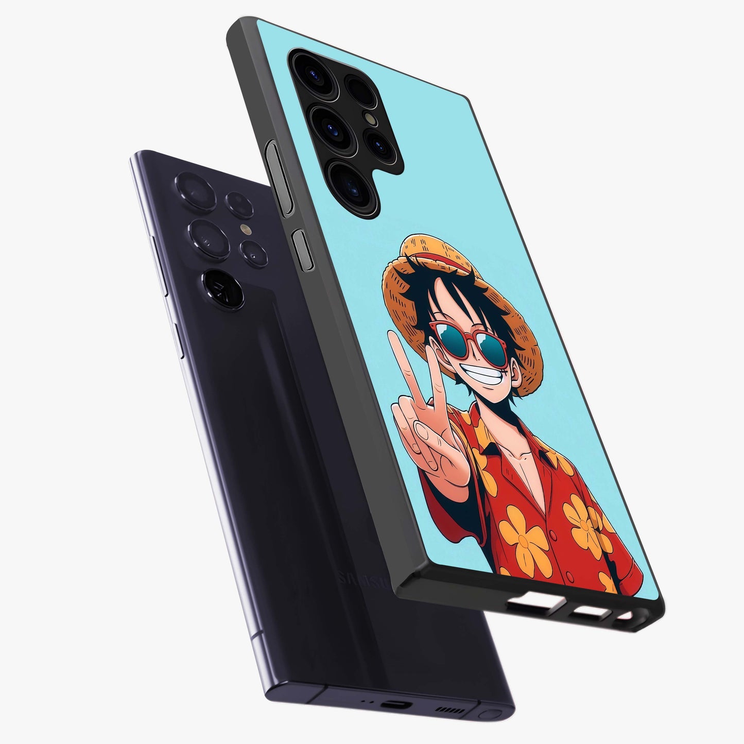 Luffy Summer Anime Vibe Glass Case displayed in angled mockup highlighting energetic anime illustration with summer vibe aesthetic.