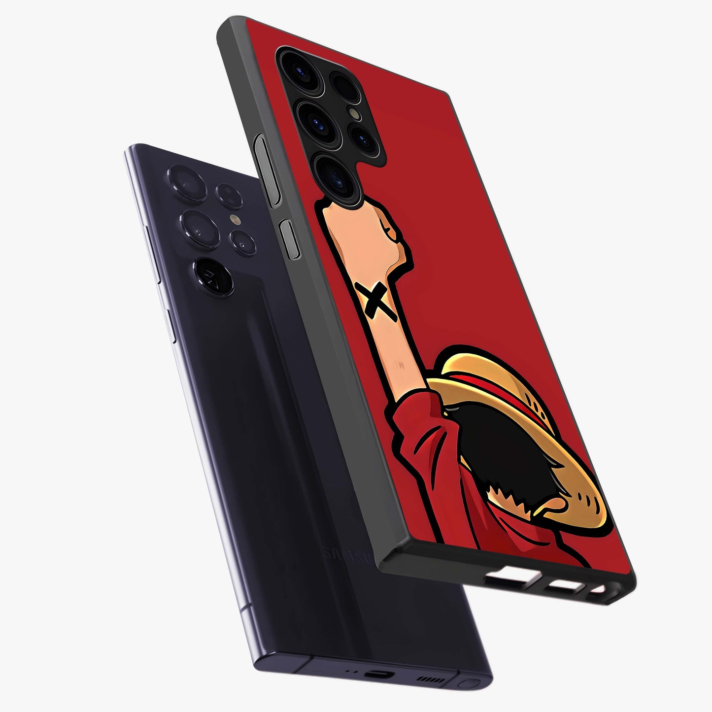 Luffy X Spirit Glass Case displayed in angled mockup highlighting powerful anime design with energetic action aesthetic.