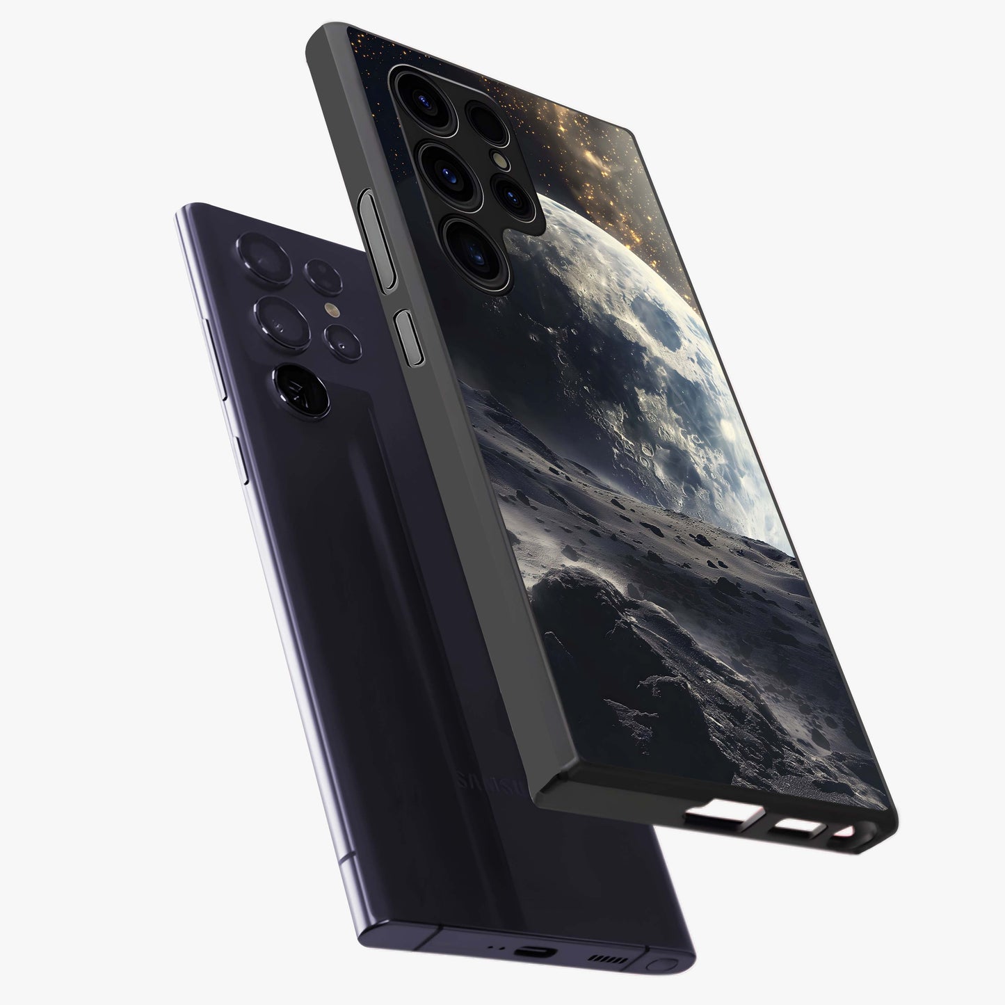 Lunar Horizon Glow Glass Case displayed in angled mockup highlighting celestial moon design with dreamy night aesthetic.
