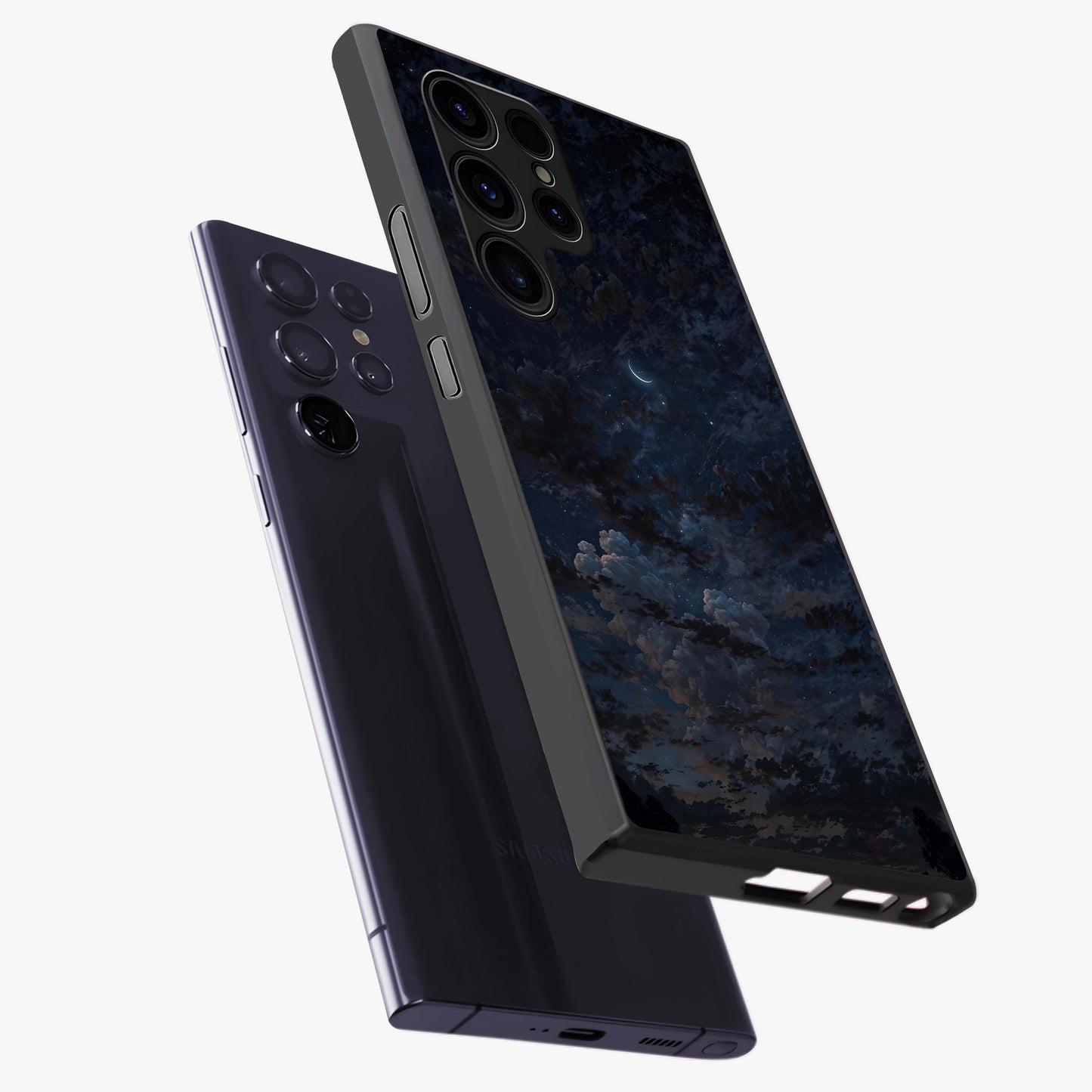 Lunar Veil Silence Glass Case displayed in angled mockup highlighting soft lunar design with peaceful celestial aesthetic.