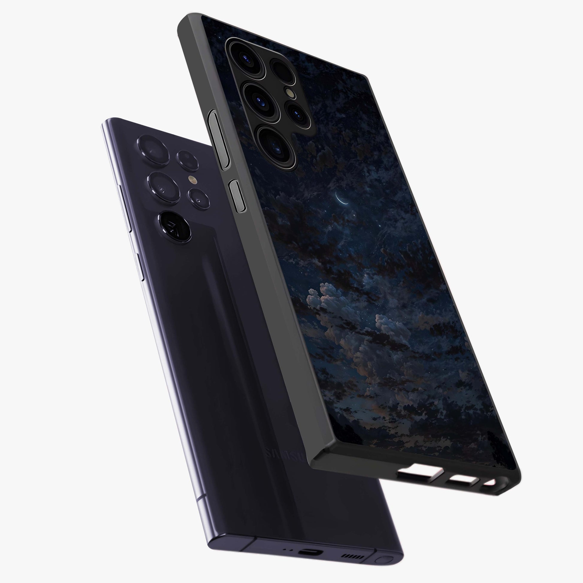 Lunar Veil Silence Glass Case displayed in angled mockup highlighting soft lunar design with peaceful celestial aesthetic.