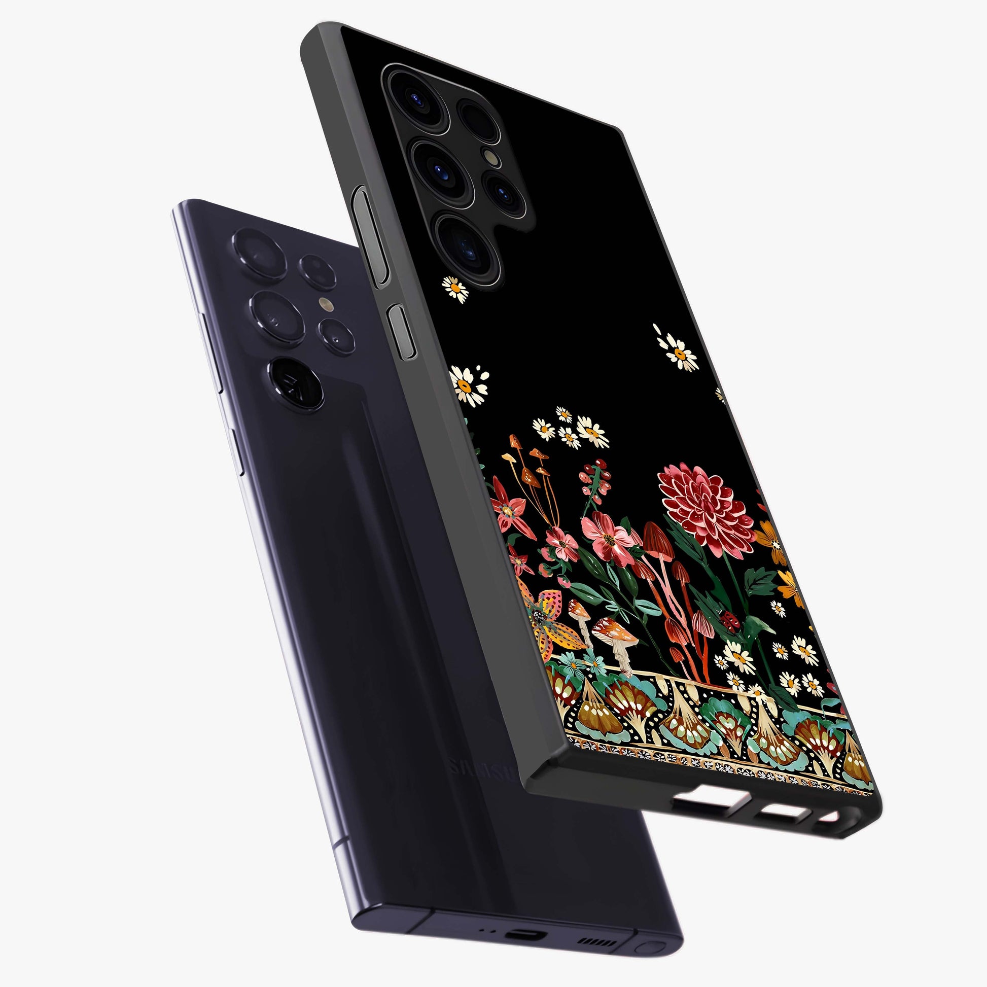 Midnight Bloom Pattern Glass Case displayed in angled mockup highlighting elegant flower design with midnight aesthetic style.