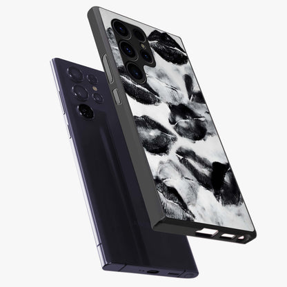 Midnight Kiss Marks Glass Case displayed in angled mockup highlighting playful romantic design with bold midnight aesthetic.
