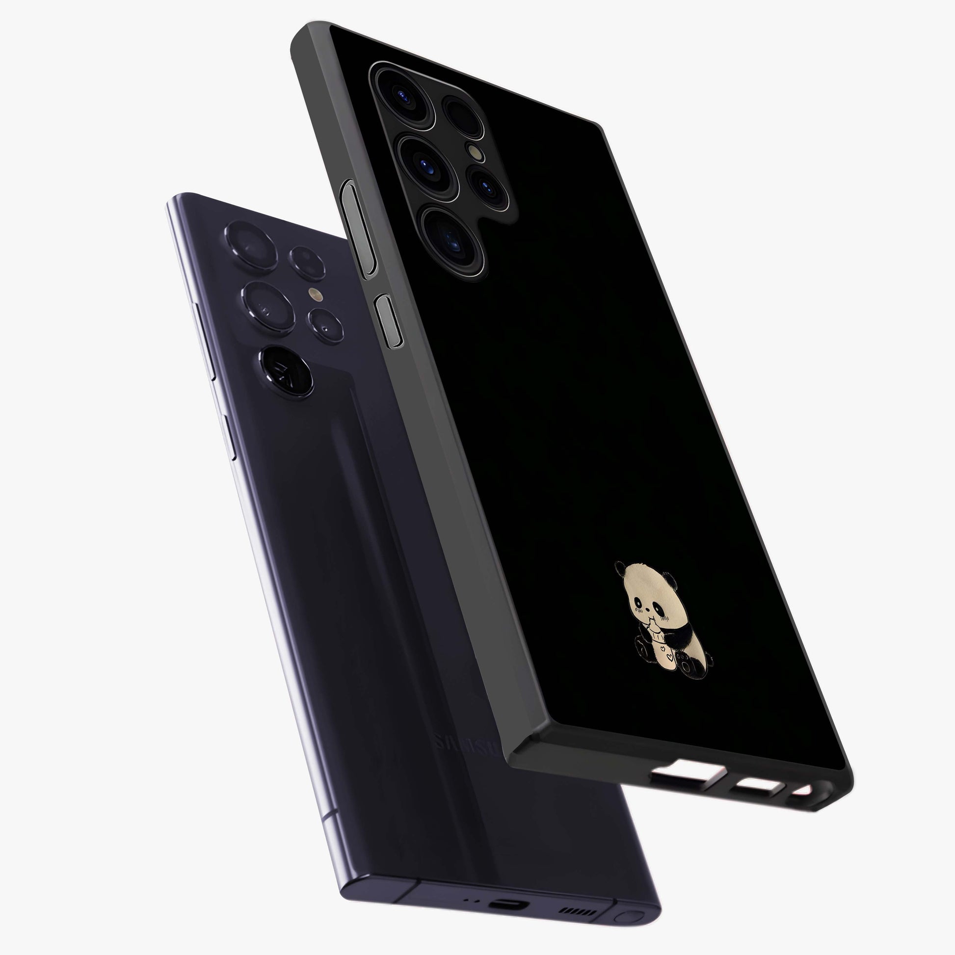 Midnight Panda Love Glass Case displayed in angled mockup highlighting adorable panda illustration with midnight aesthetic.