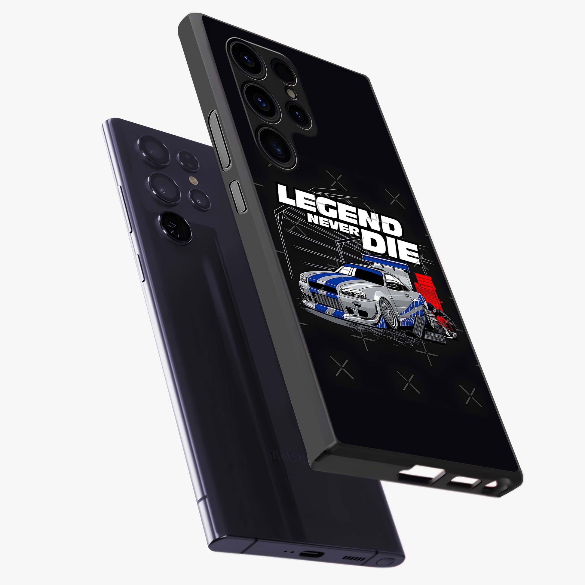 Midnight Racing Legacy Glass Case displayed in angled mockup highlighting dynamic automotive design with bold midnight aesthetic.