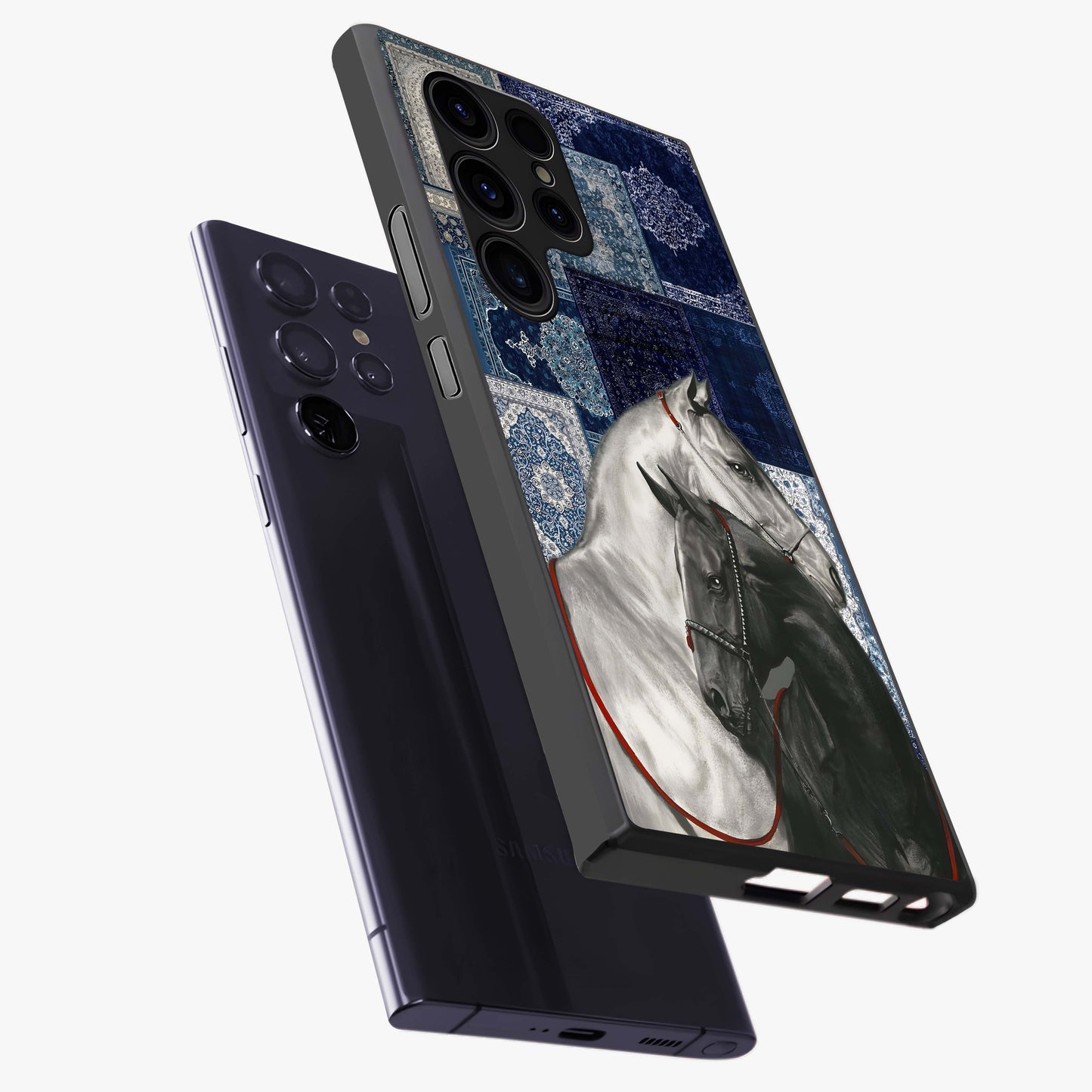 Midnight Stallion Blues Glass Case displayed in angled mockup highlighting powerful stallion illustration with deep midnight tones.
