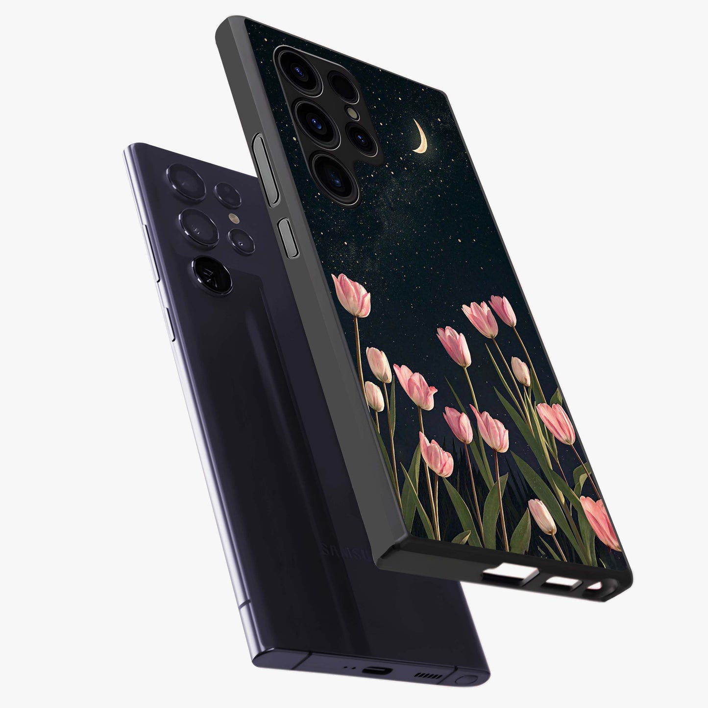 Midnight Tulip Whispers Vibe Glass Case displayed in angled mockup highlighting delicate tulip design with midnight floral aesthetic.