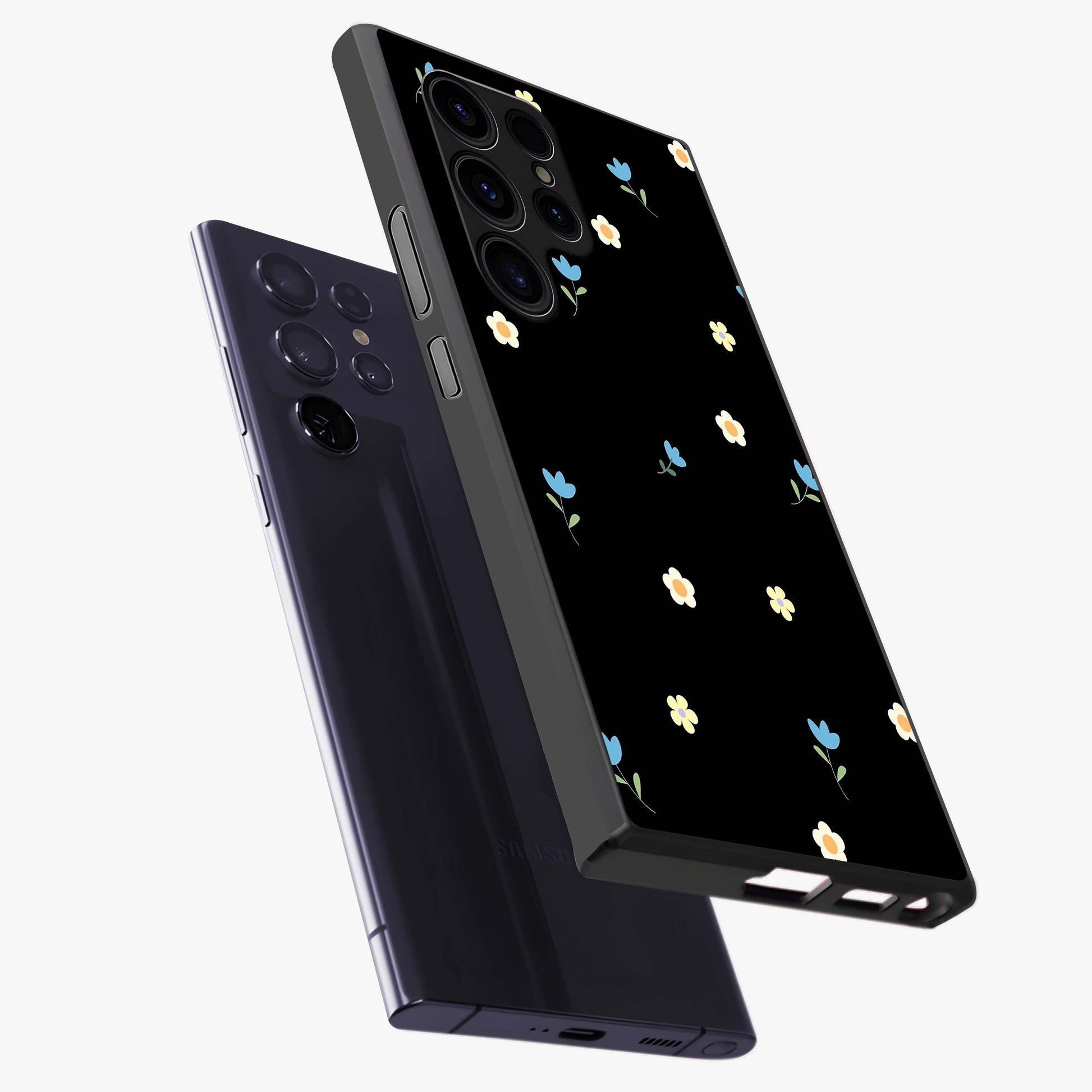 Minimal Petal Whispers Glass Case displayed in angled mockup highlighting delicate petal design with clean minimal aesthetic.