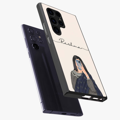 Mirror Mood Muse With Custom Name Glass Case displayed in angled mockup highlighting aesthetic mirror inspired design with custom name feature.