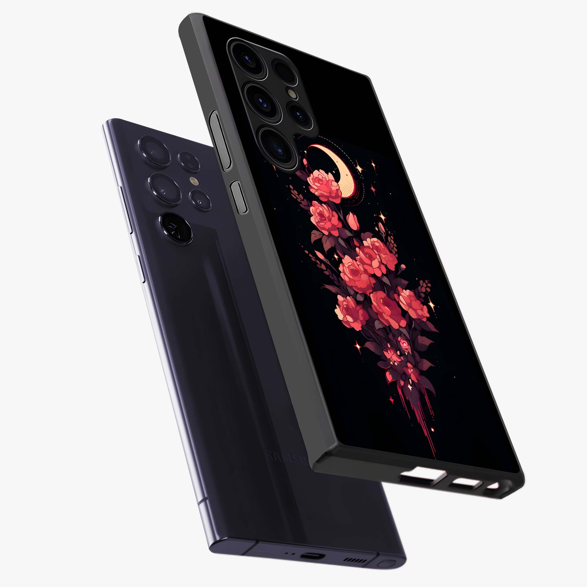 Moonlit Floral Elegance Glass Case displayed in angled mockup highlighting graceful flower design with soft moonlight aesthetic.