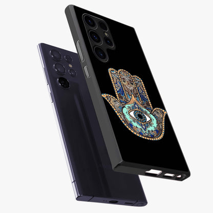 Mystic Hamsa Eye Glass Case displayed in angled mockup highlighting spiritual hamsa symbol with mystical aesthetic style.