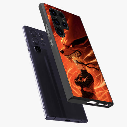 Nine Tails Legacy Glass Case displayed in angled mockup highlighting dynamic anime beast illustration with bold mystical aesthetic.