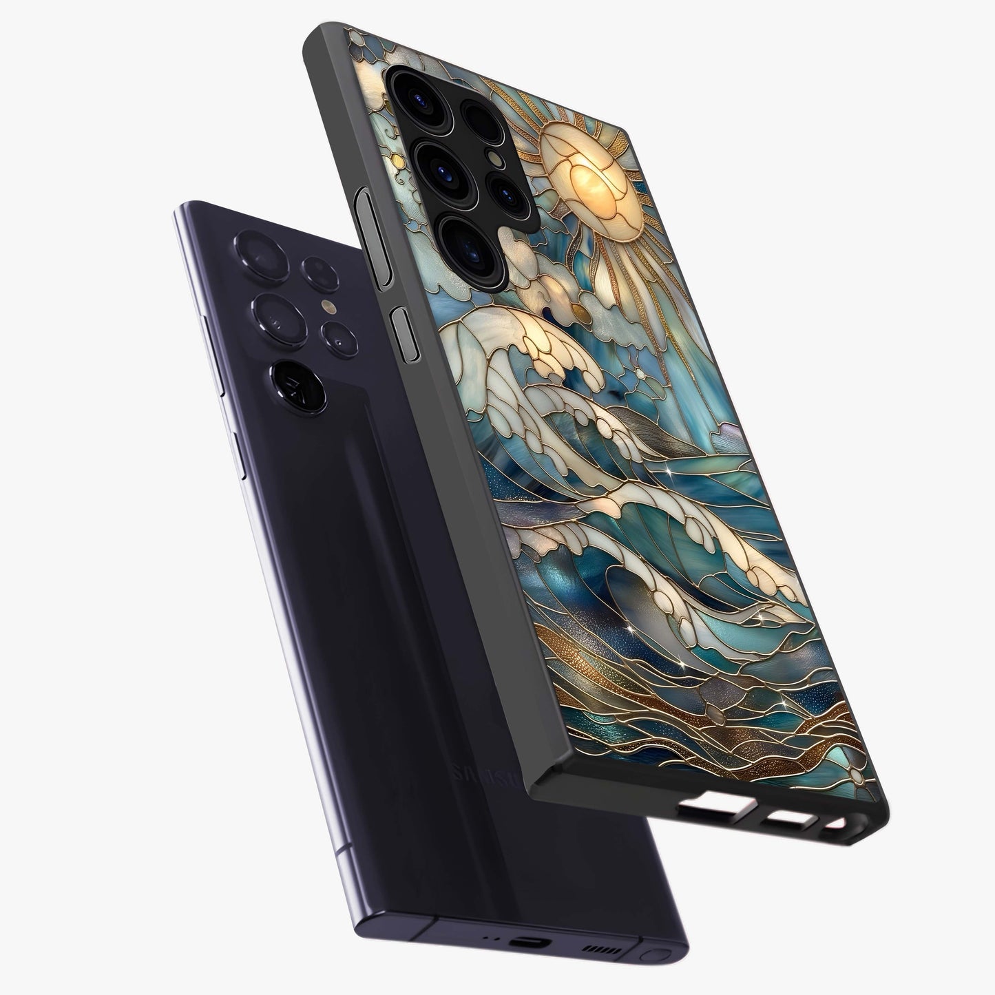 Oceanic Stained Printed Glass Case displayed in angled mockup highlighting colorful aquatic design with artistic aesthetic style.