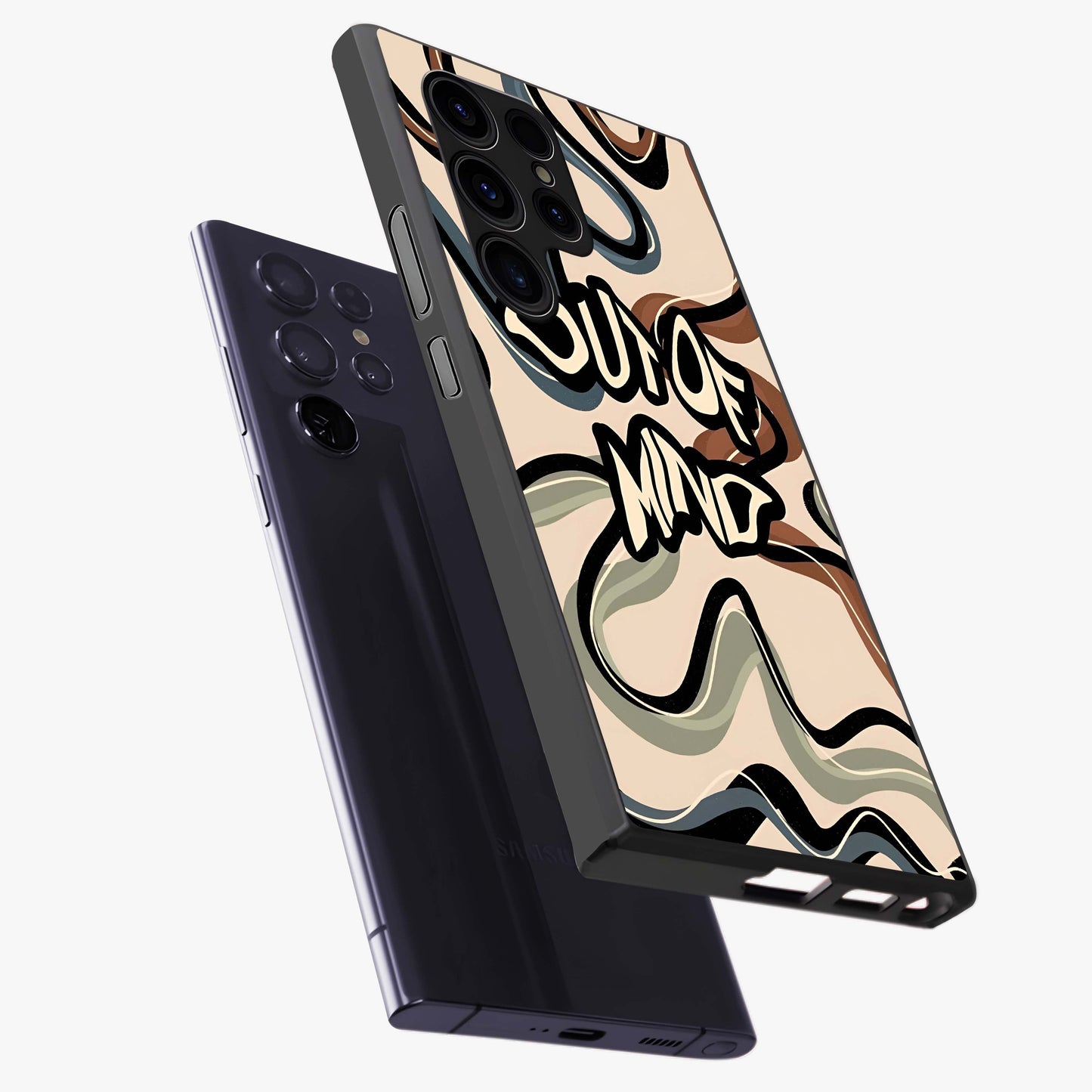 Out Of Mind Glass Case displayed in angled mockup highlighting bold statement design with modern artistic aesthetic.
