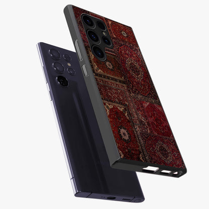 Persian Velvet Tale Glass Case displayed in angled mockup highlighting ornate textile inspired design with royal aesthetic.