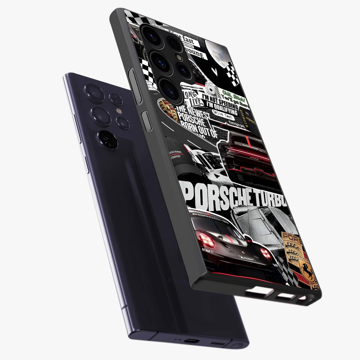 Porsche Racing Collage Glass Case displayed in angled mockup highlighting dynamic automotive design with bold racing aesthetic.