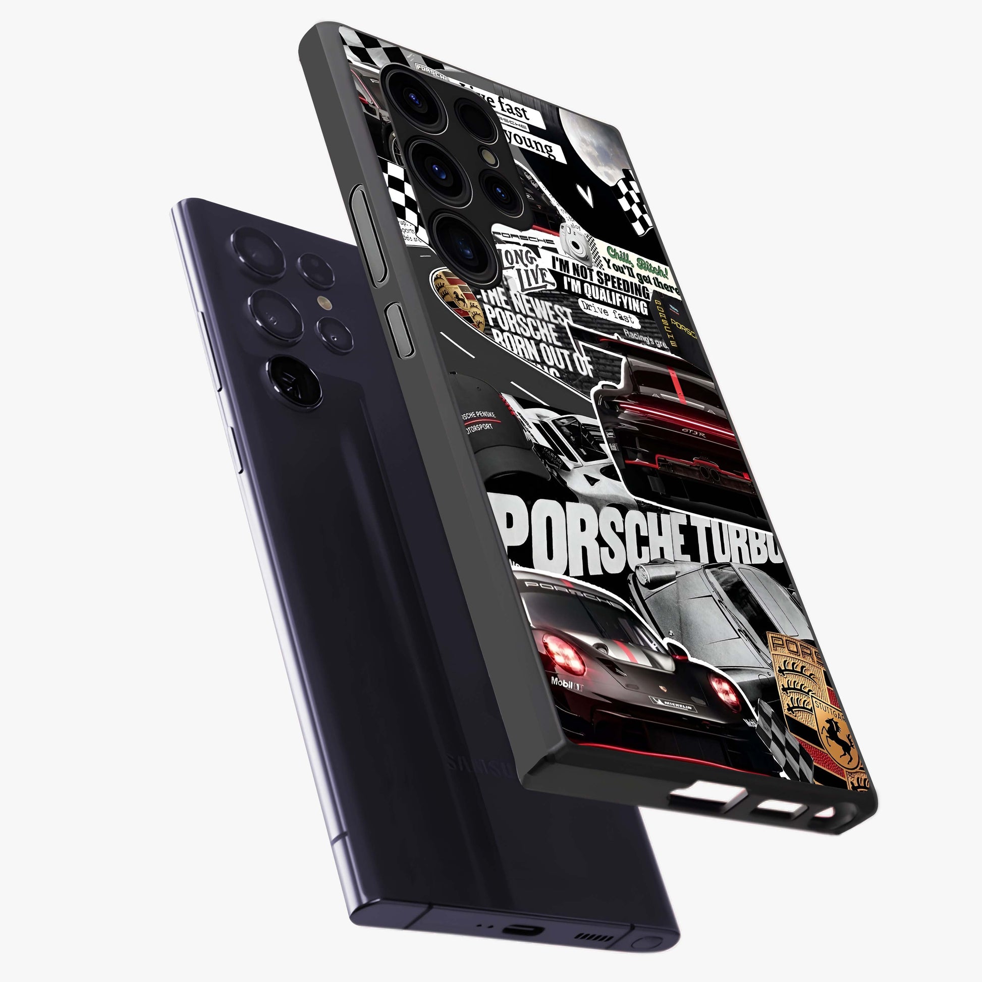 Porsche Racing Collage Glass Case displayed in angled mockup highlighting dynamic automotive design with bold racing aesthetic.