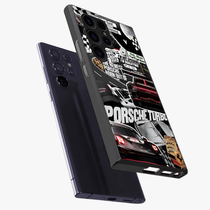 Porsche Racing Collage Glass Case displayed in angled mockup highlighting dynamic automotive design with bold racing aesthetic.
