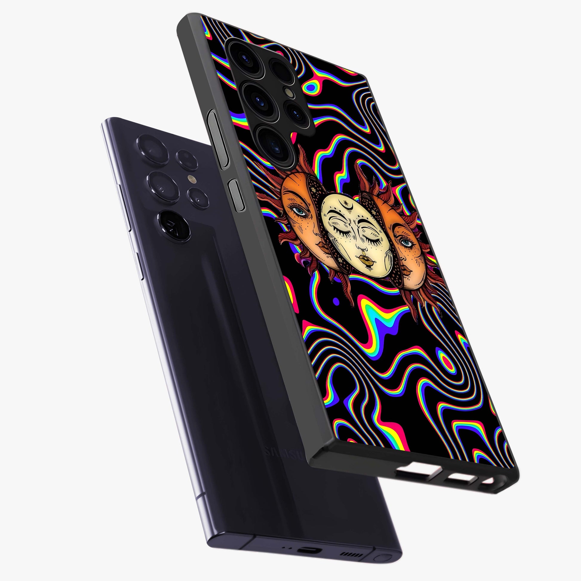 Psychedelic Sun Glass Case displayed in angled mockup highlighting vibrant abstract sun design with artistic aesthetic style.