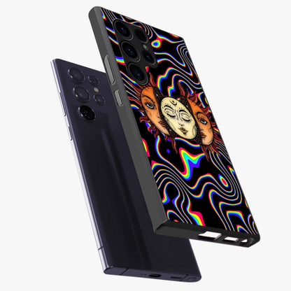 Psychedelic Sun Glass Case displayed in angled mockup highlighting vibrant abstract sun design with artistic aesthetic style.
