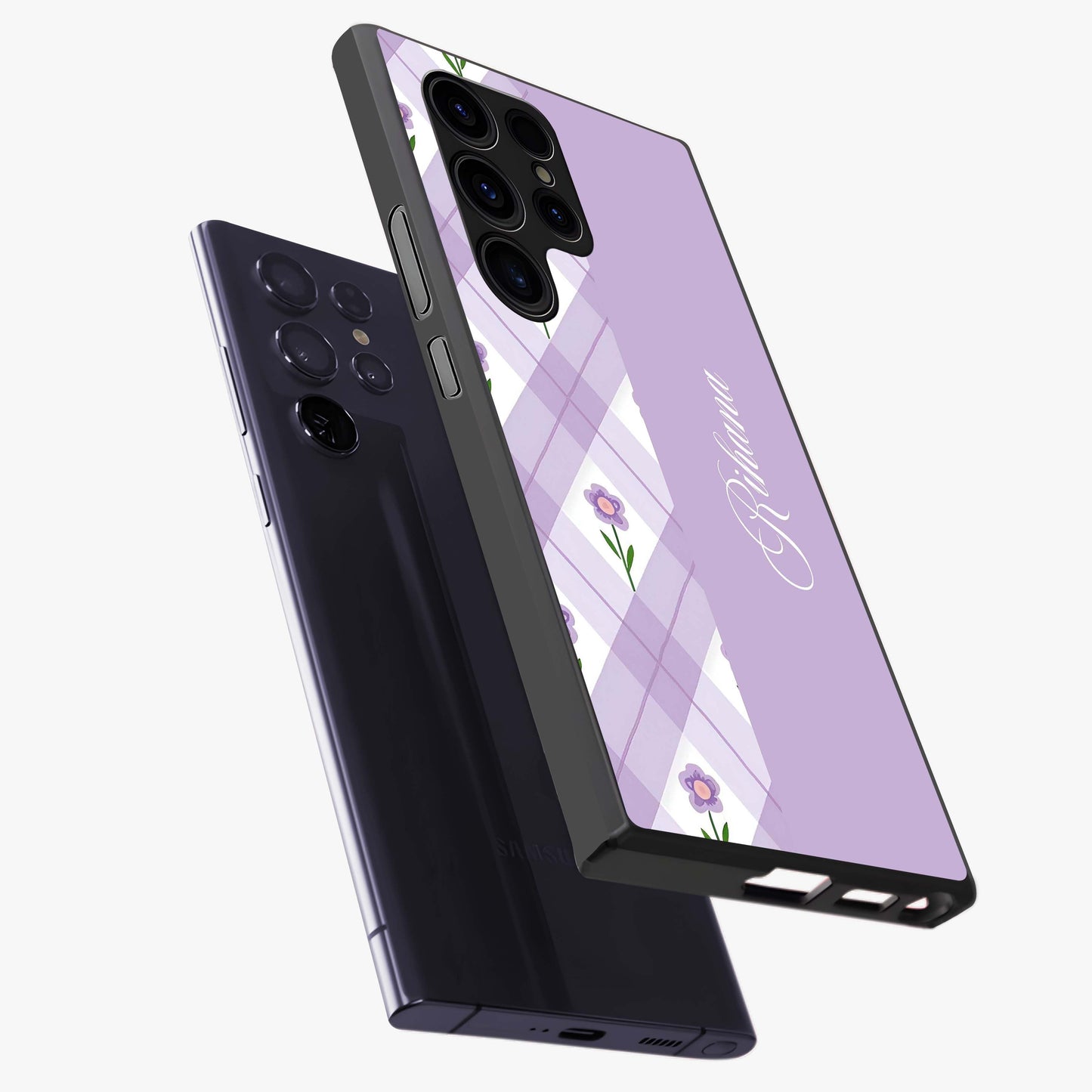 Purple Diamond Floral Glass Case displayed in angled mockup highlighting elegant purple flower design with decorative pattern.