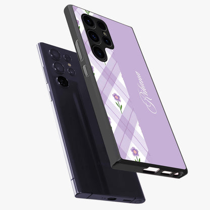 Purple Diamond Floral Glass Case displayed in angled mockup highlighting elegant purple flower design with decorative pattern.