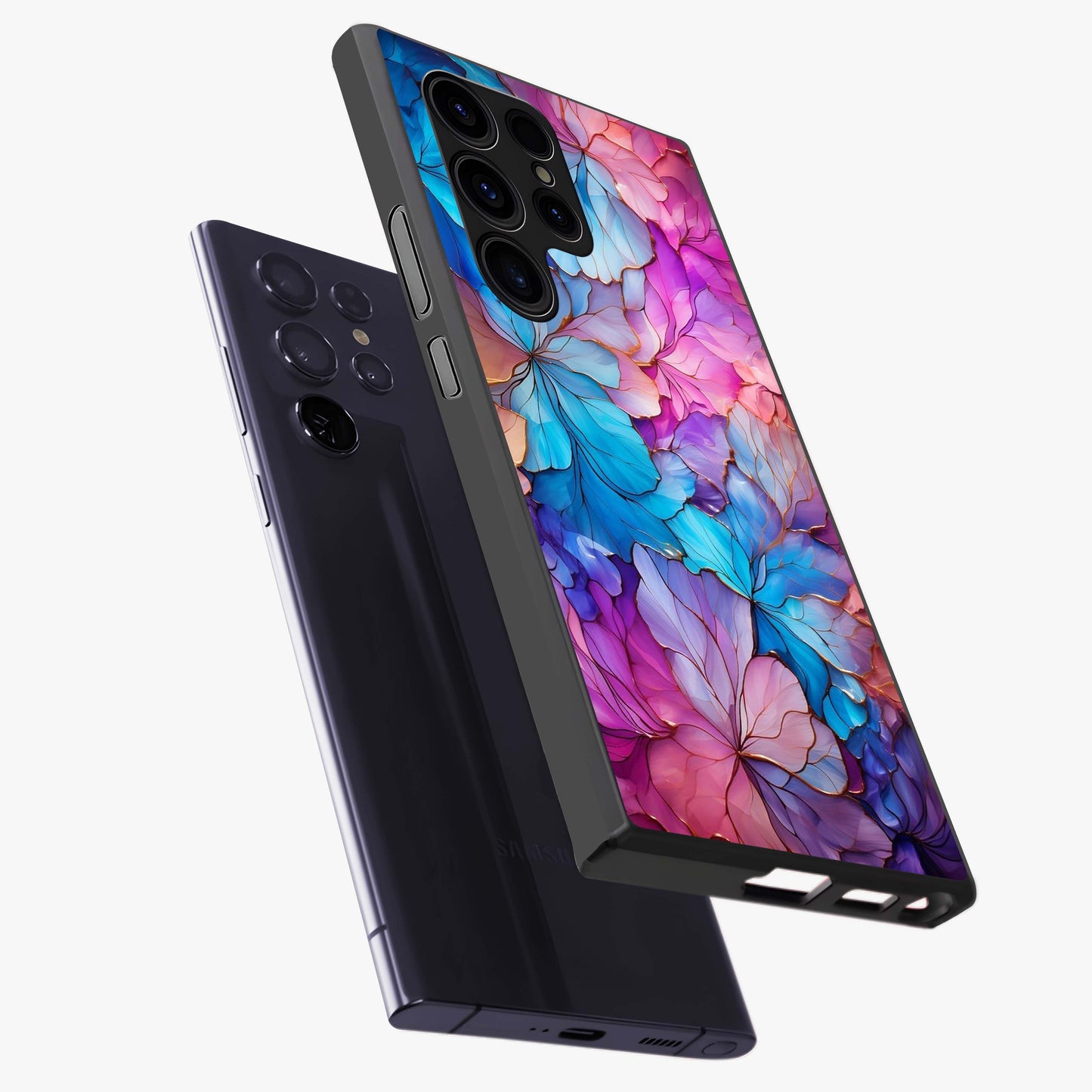 Radiant Floral Whirl Glass Case displayed in angled mockup highlighting vibrant flower pattern with dynamic artistic aesthetic.