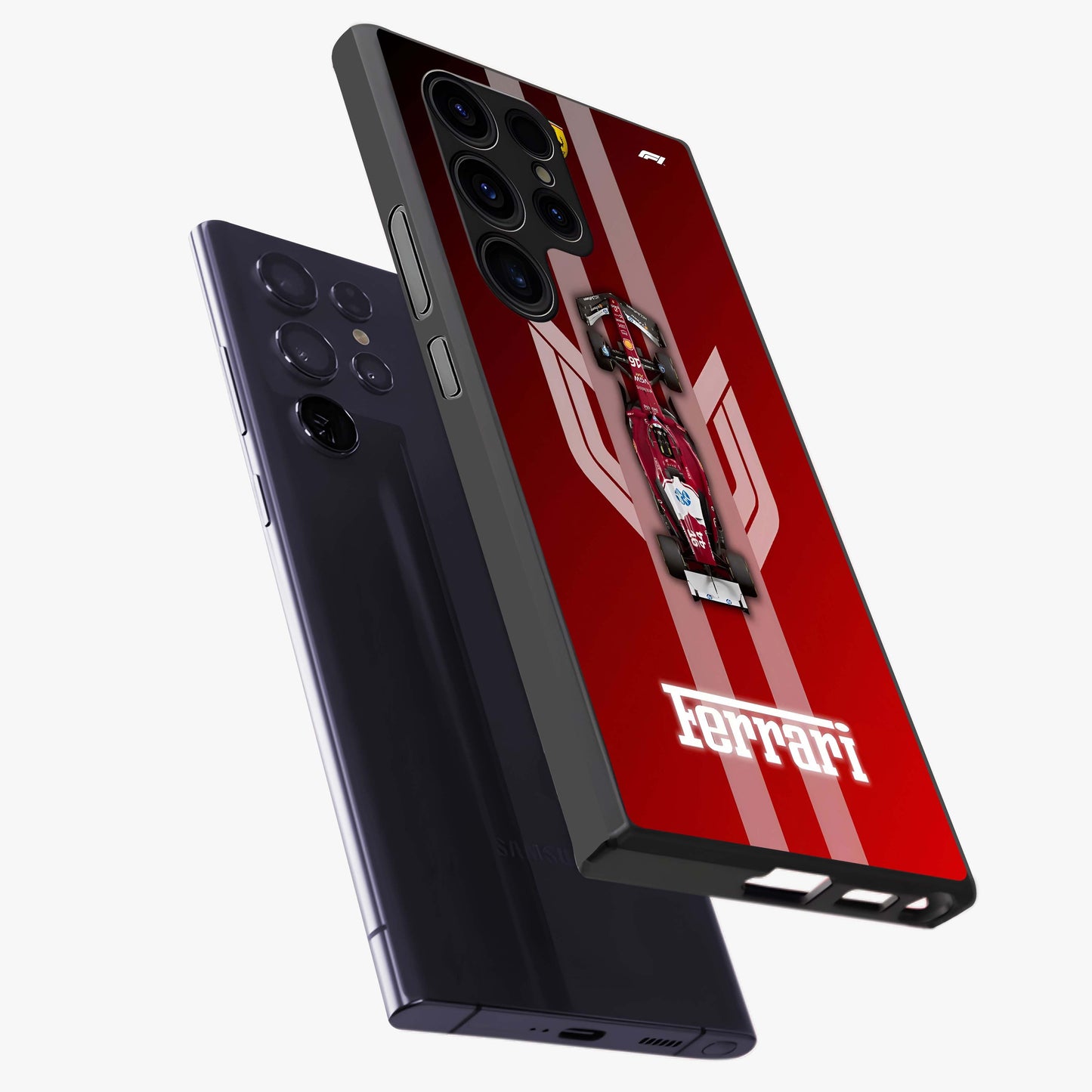 Red Ferrari F1 Vertical Glass Case displayed in angled mockup highlighting high speed racing design with bold automotive aesthetic.