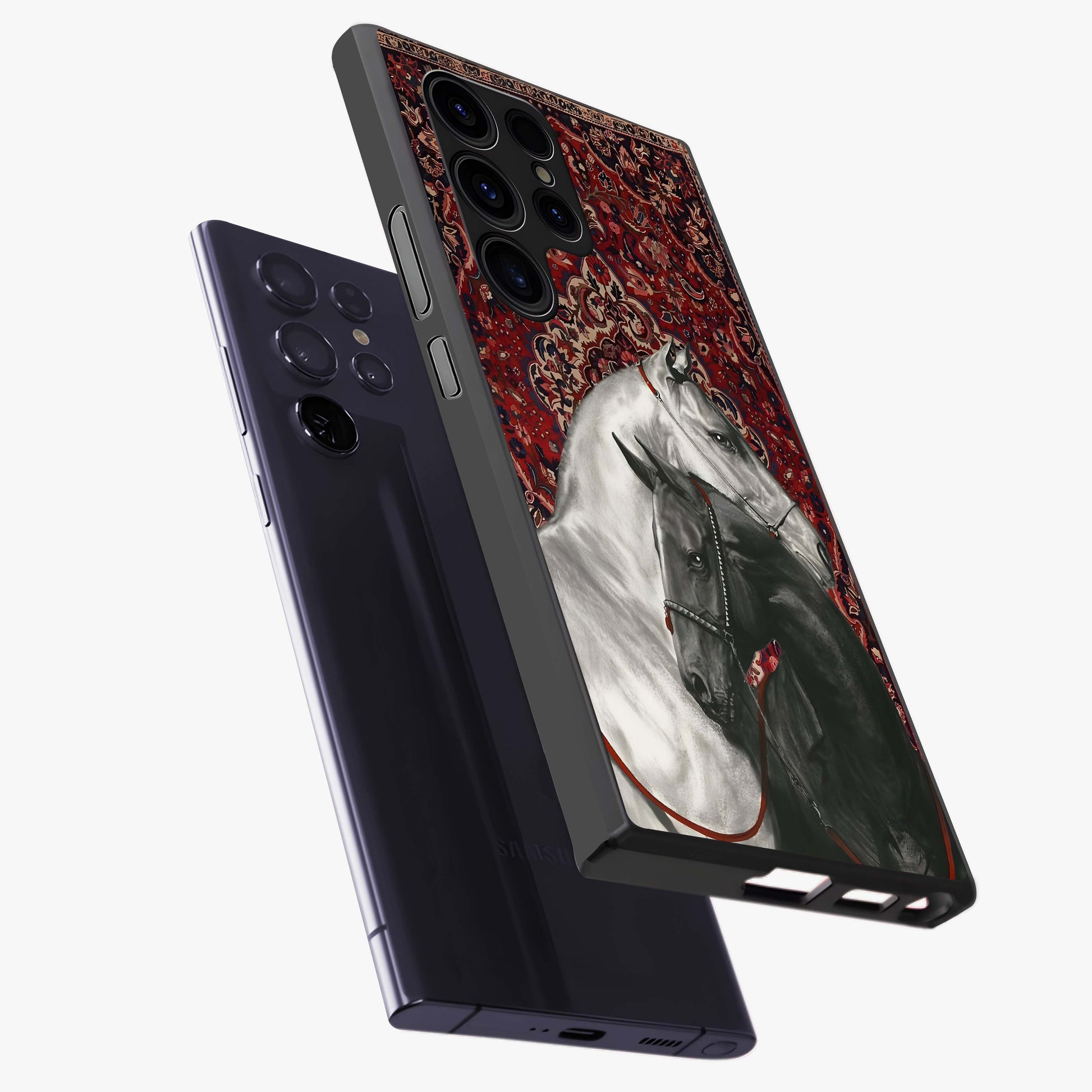 Regal Stallion Tapestry Glass Case displayed in angled mockup highlighting royal stallion design with decorative heritage aesthetic.